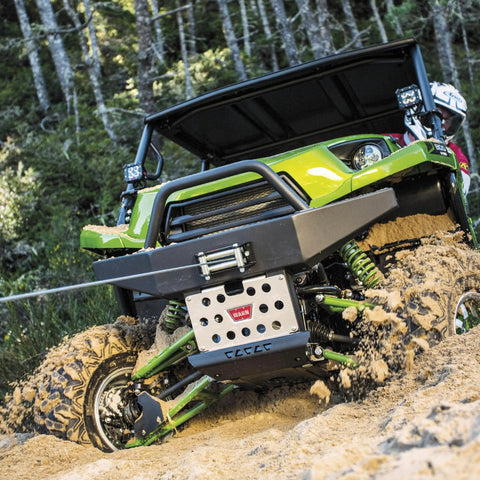 Vantage 2000 12V DC Electric Winch for ATVs and UTVs with 2000 Lb Pull mounted on green off-road vehicle in sand
