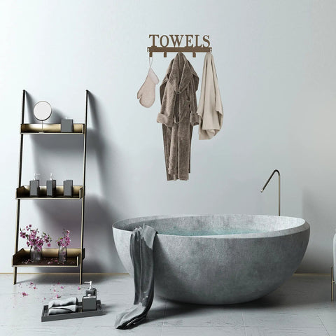 Over The Door Towel Hooks And Wall Mount Rack in bathroom with robe, towels, and sandblasted coffee finish above a bathtub.
