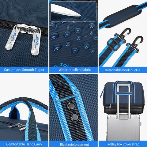 Ailouiskids rolling duffle bag with detachable wheels, blue water-repellent fabric, carry strap, and trolley handle.