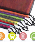 12 Pack Tough Nylon Mesh Drawstring Bags 13 By 15.5 Inches With Cord Lock Closure For Travel Gear in six vibrant colors