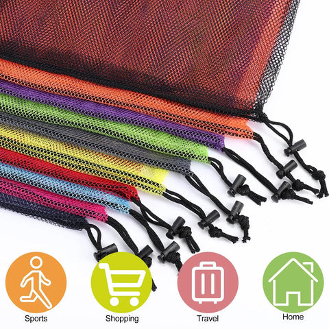 12 Pack Tough Nylon Mesh Drawstring Bags 13 By 15.5 Inches With Cord Lock Closure For Travel Gear in six vibrant colors