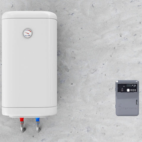 Electric Water Heater Time Switch With 42 Weekly On Off Events next to white cylindrical water heater against grey wall