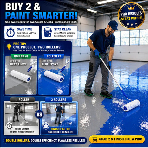 Person using Spiked Roller Kit For Self Leveling Compound And Epoxy Floors, 9 Inch Roller in blue epoxy application