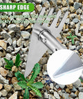 2-In-1 Garden Hoe And Weed Rake With Adjustable Long Handle, Stainless Steel Cultivator close-up on stones, sharp edge detail
