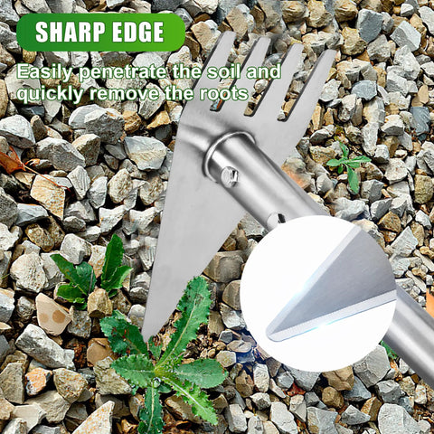 2-In-1 Garden Hoe And Weed Rake With Adjustable Long Handle, Stainless Steel Cultivator close-up on stones, sharp edge detail