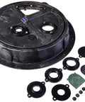 Radon Sump Dome Cover For Top Discharge Vent Retrofit Over Existing Basins Universal Fit, seen with additional installation parts