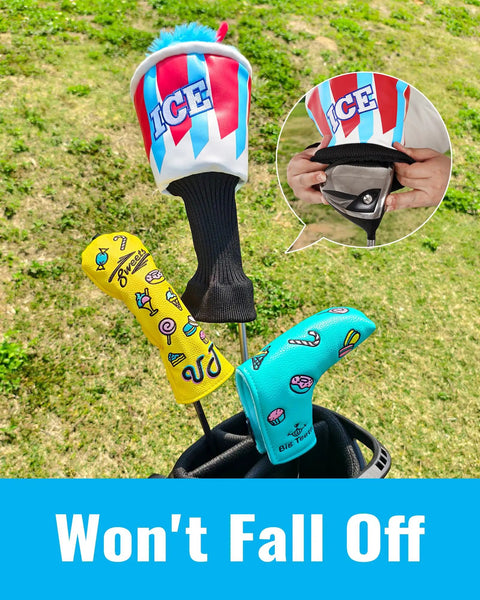 Ice Slushie Cup Golf Driver Cover 460cc Head Cover For Golf Clubs, Funny Milk Shake Ice Cream Theme, in golf bag on grass