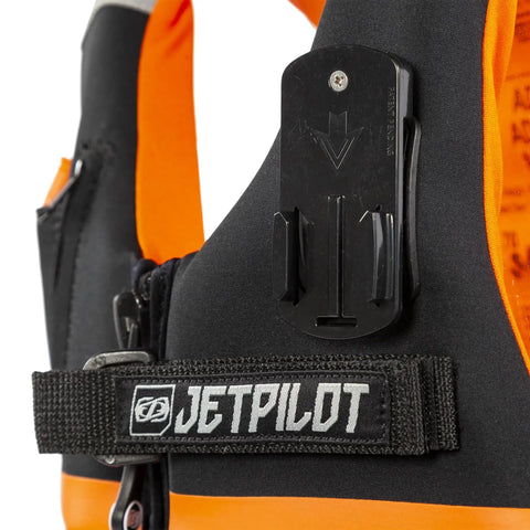Black and orange LRE Helmsman Neoprene CGA Vest for Water Sports With Flex Lite Neoprene and Jersey Liner, buckle detail shown