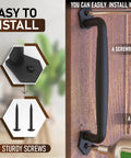 10 Inch Round Rustic Barn Door Handle In Black Steel Versatile Pull installed on a wooden door with easy install guide and screws shown.