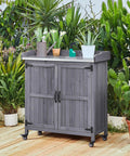 Mobile Outdoor Potting Bench Table With Castors On Wheels Solid Wood Workstation And Large Storage Cabinet Durable Metal Top Garden Station For Potting DIY Projects Flower Arranging And More Gray
