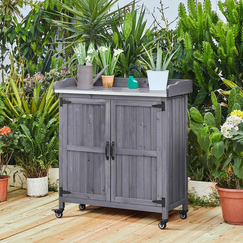 Mobile Outdoor Potting Bench Table With Castors On Wheels Solid Wood Workstation And Large Storage Cabinet Durable Metal Top Garden Station For Potting DIY Projects Flower Arranging And More Gray