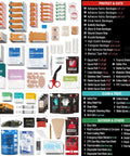 430-piece first aid kit in red waterproof case, front view collage of bandages, gauze, scissors, and supplies.