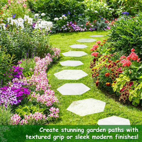 Pathway with two size hexagon stepping stone molds for concrete 9 inch and 11.4 inch reusable cement molds in a garden setting