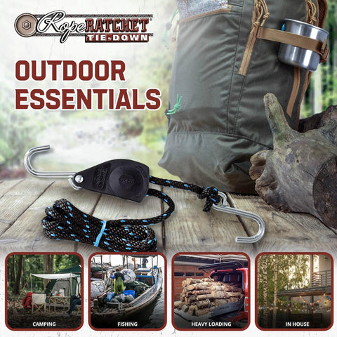 Three Eighth Inch Rope Tie Down Kit With 250 Lb Capacity Heavy Duty Block And Tackle Pulley System shown with outdoor gear
