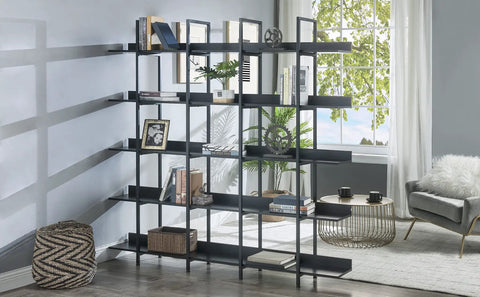 Five Shelf Vintage Industrial Bookcase With Black Metal Frame And MDF Shelves Space Saving Storage Organizer For Bedroom Living Room
