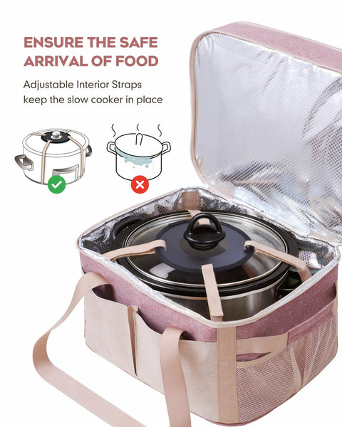 Heavy Duty Insulated Slow Cooker Carrying Bag 6 To 8 Quart Oval, open showing straps securing cooker inside.