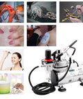 Airbrush Kit With Compressor AS18-2K Basic Start Set shown with images of hobby projects, nail art, tattoos, cake decorating, and makeup.