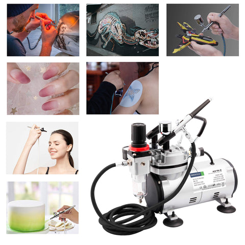 Airbrush Kit With Compressor AS18-2K Basic Start Set shown with images of hobby projects, nail art, tattoos, cake decorating, and makeup.