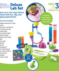 Primary Science Deluxe Lab Kit For Kids 45 Piece Preschool STEM Toys Set with flasks, test tubes, activity cards, and goggles.