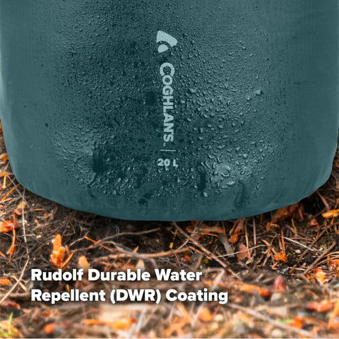 Close-up of 20L Ripstop Stuff Bag With Water Resistant DWR Coating, showing moisture bead-off on durable fabric surface.