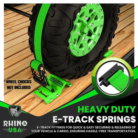 Badass Cargo Control With These Heavy Duty E Track Ratchet Tie Down Straps 4 Pack showing green E-track springs securing a tire.
