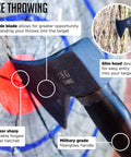 Close-up of a Throwing Axe For Camping And Bushcraft, Ultra Sharp Survival Hatchet embedded in wooden target with annotations.