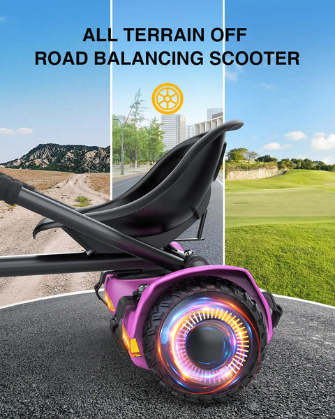 Two In One Off Road Self Balancing Scooter With Adjustable Seat Attachment For Kids And Adults, side view with LED wheel