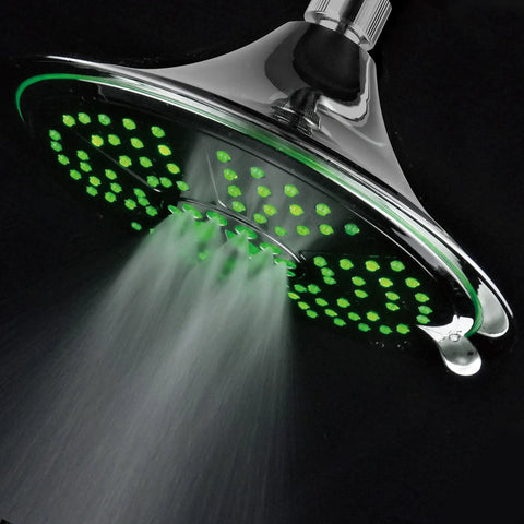 Ultra Luxe 8 Inch Rainfall LED Shower Head With Five Settings Chrome Face Water Powered Color Changing Temperature LEDs
