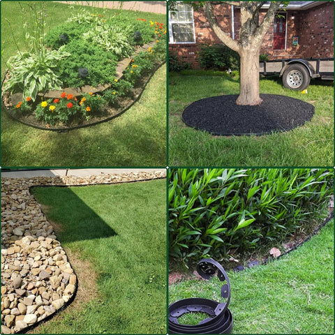 2 Inch Garden Edging Kit, 40 Ft Black Landscape Border With 80 Spikes And 1 Pruning Shears in use, defining garden and lawn edges.