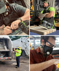 Individuals using Your Go To Reusable Dust Mask With Patented Three Strap System And Activated Carbon Filters Delivers 99.8 Percent Filtration Neutralizes Odors And VOCS For Woodworking Landscaping DIY Dust And Pollen XXL Fit in various work environments, including woodworking and waste management settings.