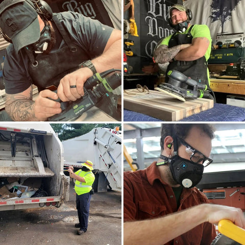 Collage showing all-day reusable air filtration masks with 99.8 percent filtration being used by workers in various settings.