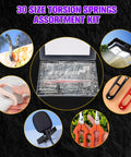 Front view of a 120-piece stainless steel torsion springs assortment kit in a clear storage case