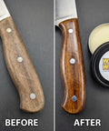 Before and after showing knife handle restoration using Straight Up Knife Steel Wax And Rust Preventative Coating For Stainless Carbon And Damascus Blades Cleans Protects And Keeps Edges Slick With Dope Organic Food Safe Formula Made In Usa For Top Tier Gear Heads.
