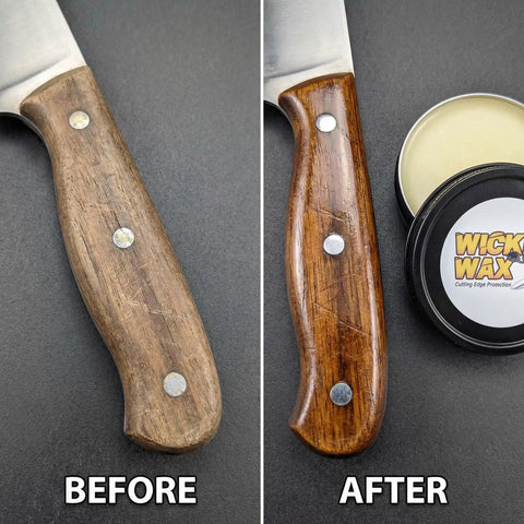 Before and after showing knife handle restoration using Straight Up Knife Steel Wax And Rust Preventative Coating For Stainless Carbon And Damascus Blades Cleans Protects And Keeps Edges Slick With Dope Organic Food Safe Formula Made In Usa For Top Tier Gear Heads.