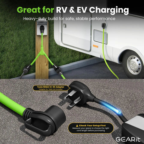 Four Prong Dryer Y Splitter Cable 30 Amp NEMA 14 30P To Dual NEMA 14 30R Receptacles, used for RV and EV charging setup