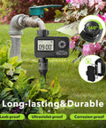 Programmable Sprinkler Timer With Rain Delay For Garden Hose attached to faucet in garden, LCD display showing 09:00, durable design.
