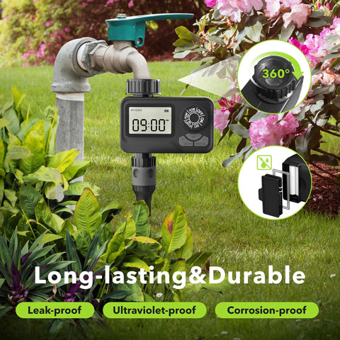 Programmable Sprinkler Timer With Rain Delay For Garden Hose attached to faucet in garden, LCD display showing 09:00, durable design.