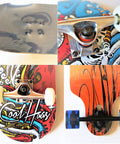 Various skateboards featuring truck and deck designs, showing black 1.25 inch longboard hardware screws and nuts in use