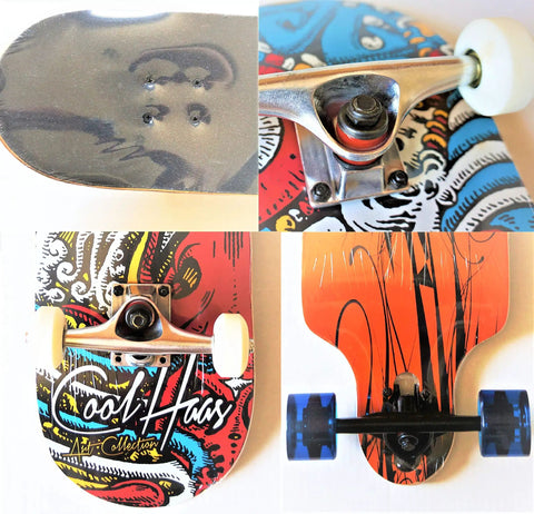 Various skateboards featuring truck and deck designs, showing black 1.25 inch longboard hardware screws and nuts in use