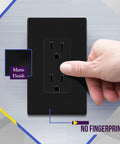 No Sweat Install Hella Sleek Matte Decorator Wall Outlet 15 Amp Electrical Receptacle Compact One Gang Wall Socket With Smudge Proof Coating For Homes, matte black finish showing no fingerprints.