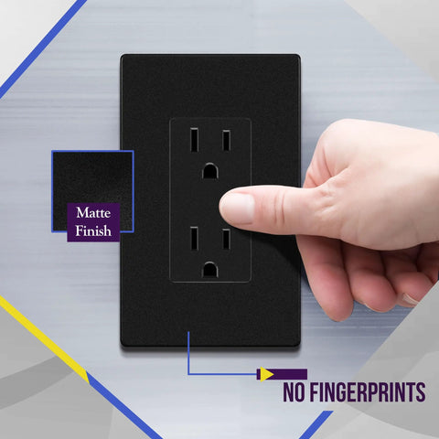 No Sweat Install Hella Sleek Matte Decorator Wall Outlet 15 Amp Electrical Receptacle Compact One Gang Wall Socket With Smudge Proof Coating For Homes, matte black finish showing no fingerprints.