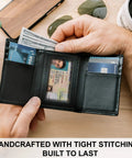 Top Grain Leather Trifold Wallet For Men With RFID Blocking open view showing cards, ID window, and cash compartments