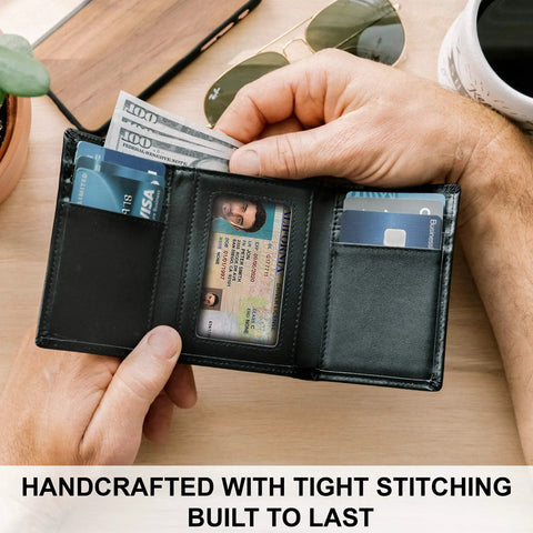 Top Grain Leather Trifold Wallet For Men With RFID Blocking open view showing cards, ID window, and cash compartments