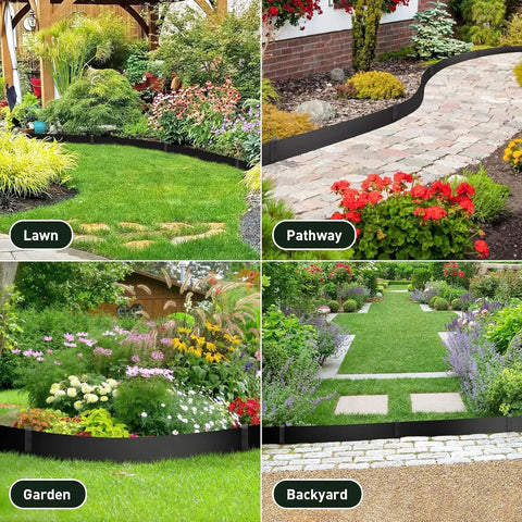 Heavy Duty Metal Landscape Edging Kit With Stakes 19 Feet Total 46 By 10 Inch Galvanized Steel Lawn Border Black in garden settings