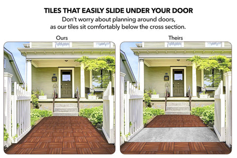 Comparison of Interlocking Teak Deck Tiles 12x12 Inches Outdoor Flooring That Rocks Weather Resistant UV Protected Anti Slip Patio Pavers Backyard Balcony Pool Area Pack of 10 showing fit under door vs other tile option.
