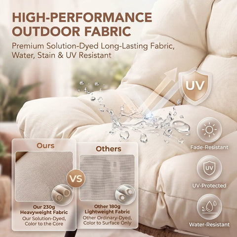 Water-resistant cushion fabric on Double Swing Egg Chair With Stand For Two People Indoor Outdoor Oversized Wicker Loveseat