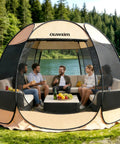 Pop Up Gazebo Screen House Tent With Mosquito Netting For 6 To 8 People Portable Canopy With No Tools Needed No Fuss Easy Setup UV Protection Sun Shelter For Backyard Patio Garden And Camping Waterproof 10x10 Feet, people sitting inside near a lake