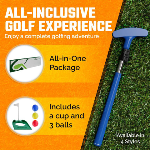 Junior Golf Putter With Extendable Shaft For Right Or Left Hand Kids shown with balls and flag cup on grass