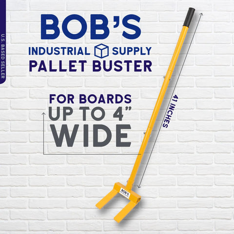 Heavy Duty Pallet Puller Bar With 3 Section Handle 41 Inch Length beside text 'Bob's Industrial Supply Pallet Buster'