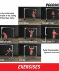 Beefy Heavy Duty Cable Crossover Machine For Home Gym Functional Trainer displaying various exercises like Front Raise and Tricep Push Down.